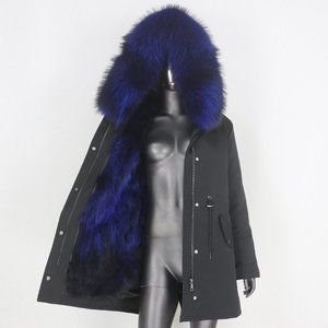 NEW POMKIN BLUE FOX FUR BLACK WINTER COAT PARKA SIZE XL